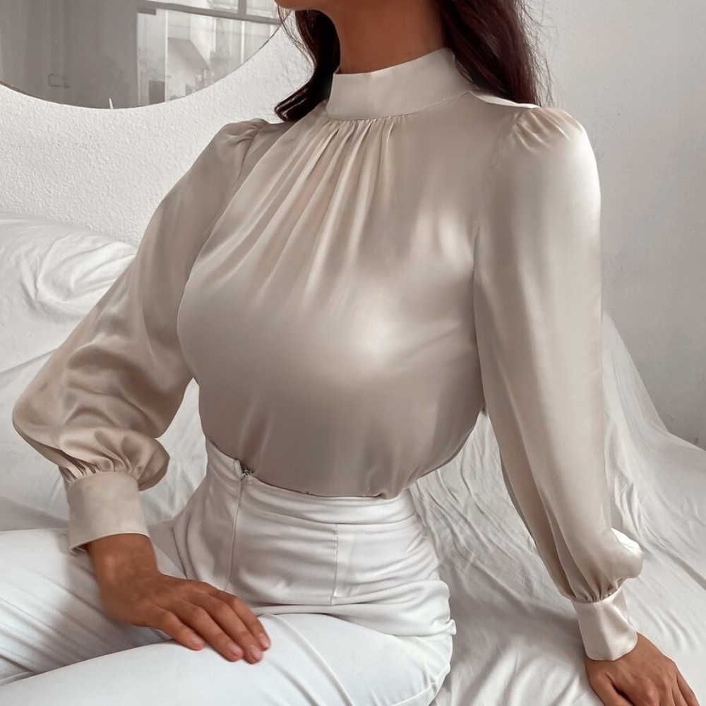 Classic High Neck pleated Satin long sleeve Top - Picture 7 of 11